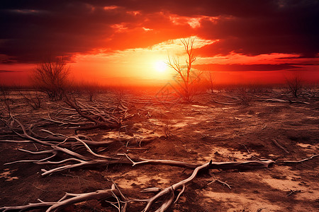 沙漠枯树落日下荒芜的土地背景