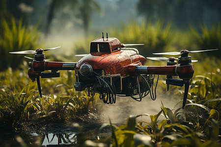 红色无人机喷洒农田背景图片