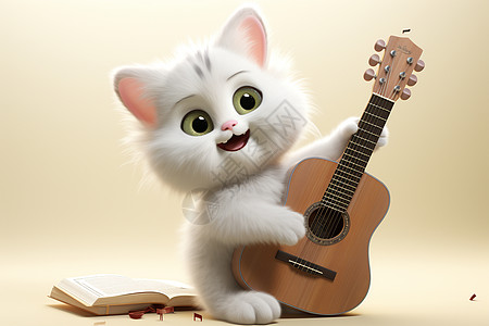 卡通可爱动物卡通白猫玩吉他背景