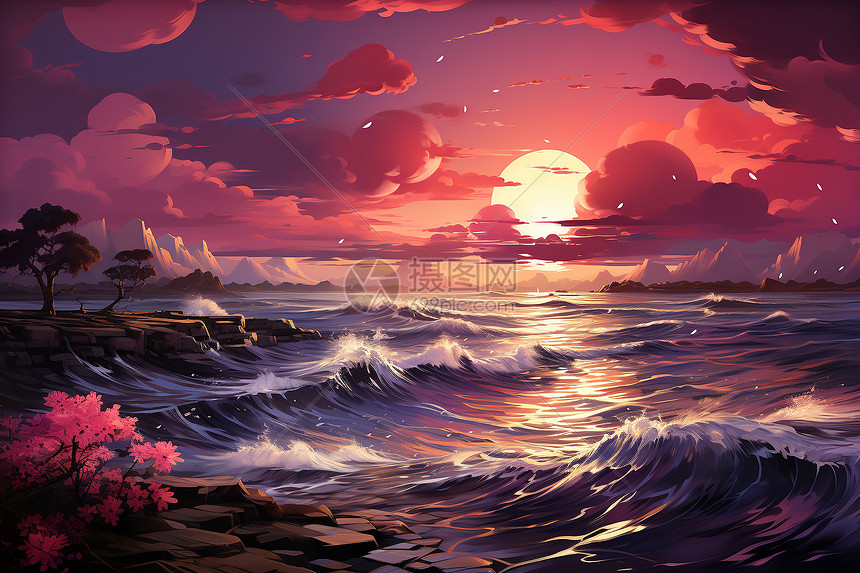 夕阳下的海洋风景图片