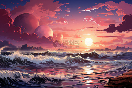 夕阳下的大海插画图片