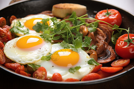 满桌美味：煎蛋、番茄和肉肉馅的一餐图片