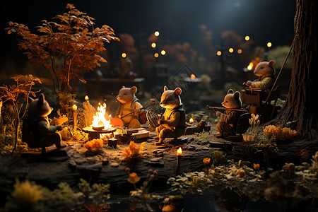 鼠鼠们围绕篝火在广袤的野外聚集图片