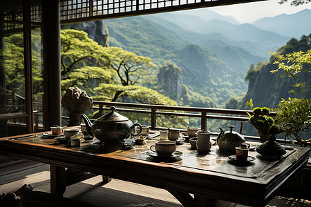 晨光照耀下的竹林茶馆图片