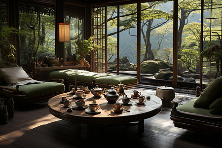 茶楼中的竹林背景图片