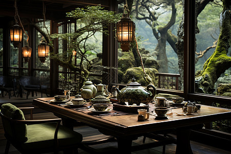 禅意竹林中的茶馆背景图片