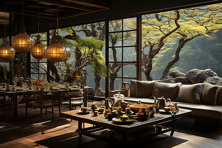 清晨的竹林茶室背景图片