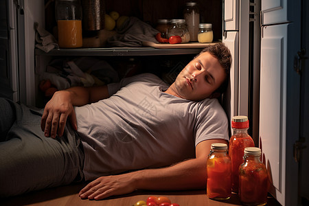 醉酒躺在冰箱前的男子图片
