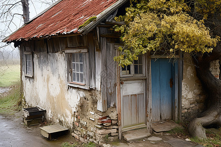 乡村小屋与屋顶上的树图片