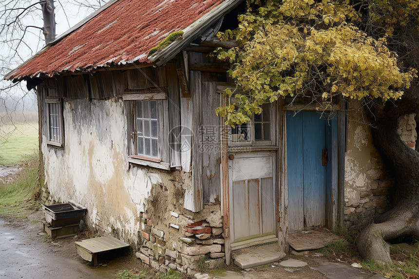 乡村小屋与屋顶上的树图片