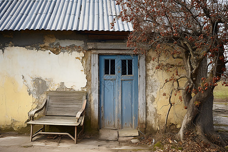 乡村小屋外的凳子图片