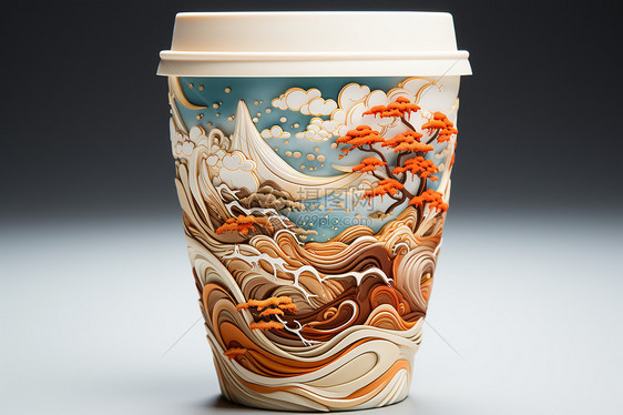 中国风画作的杯子图片