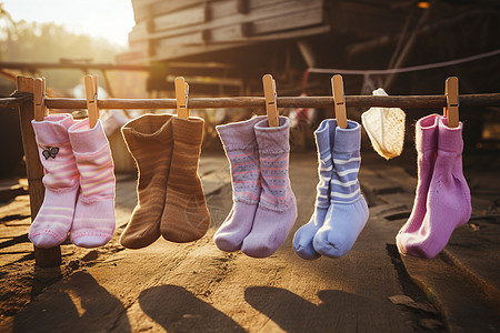 晾衣杆上晾晒的儿童袜子图片