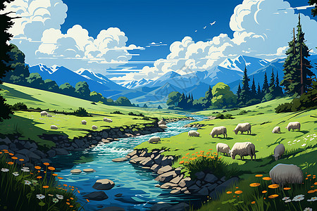 夏季山间草原上放牧的羊群图片