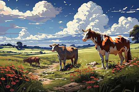 夏季乡村田野上放牧的牛群图片