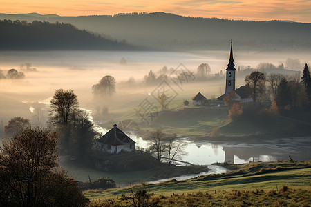 迷雾笼罩的山间乡村景观图片