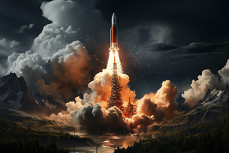 火箭从地面冲向云端的场景图片