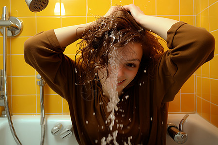 浴缸里洗头发的女孩高清图片