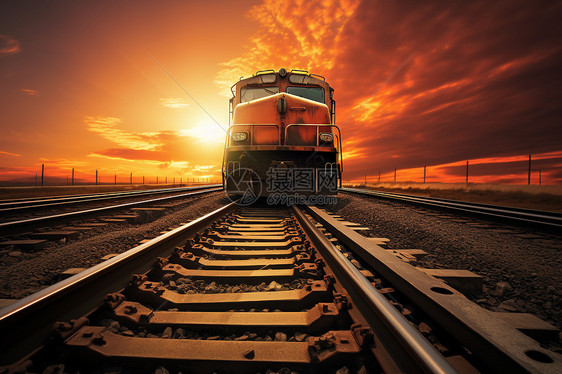 夕阳下铁轨上行驶的火车图片