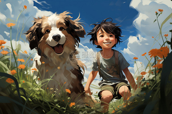欢乐草坪上的小男孩和狗狗图片