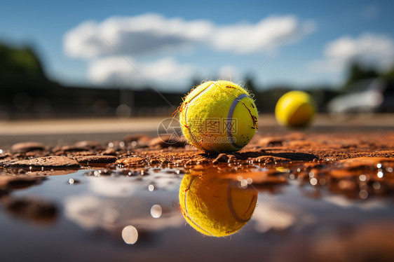 雨后球场上的网球图片