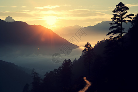 迷雾笼罩的日出山间景观图片