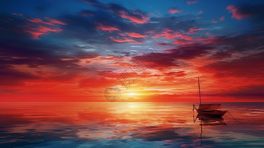 夕阳下水面的小船背景图片