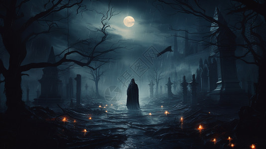 一个幽灵站在黑暗的墓地里高清图片