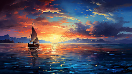 落日海面上的帆船图片