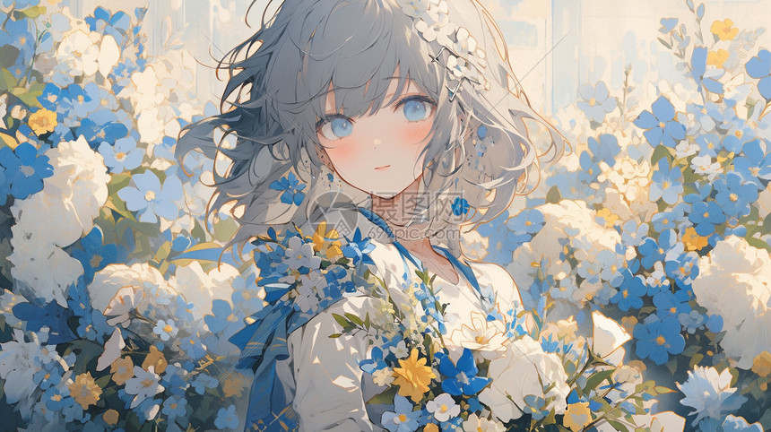 蓝白色鲜花从中的女孩图片