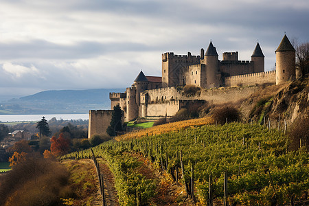 欧式城堡庄园的葡萄种植果园背景图片