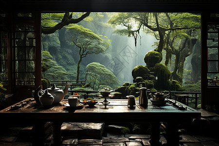 中式禅意的竹林茶馆背景图片