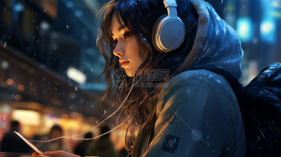 雪夜里的耳机女孩图片