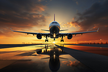 日落时机场起飞的民航飞机图片