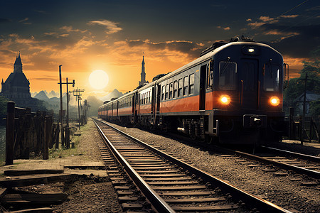 城市中铁路轨道运输的火车图片