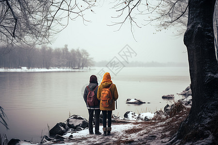 湖泊散步的姐妹俩图片