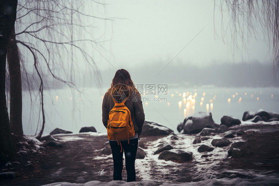 冬季河畔的女子图片