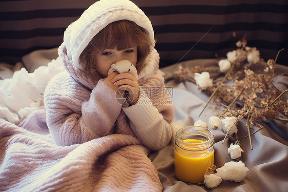 室内房屋中感冒的小女孩图片
