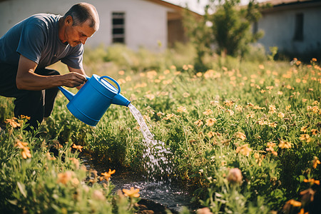 夏季花园中浇水的农民图片