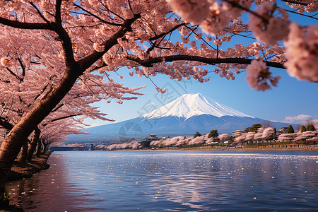 富士山下的樱花飘落图片