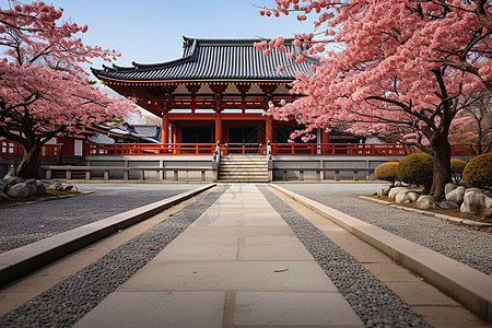 春季樱花围绕的古建筑景观图片