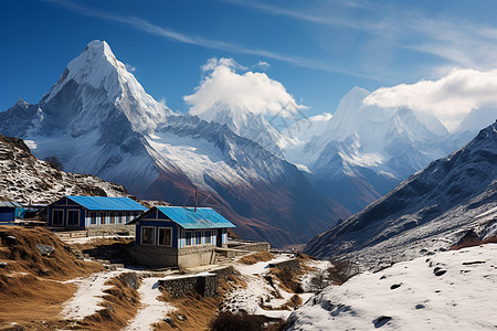 冰雪山巅的房屋图片