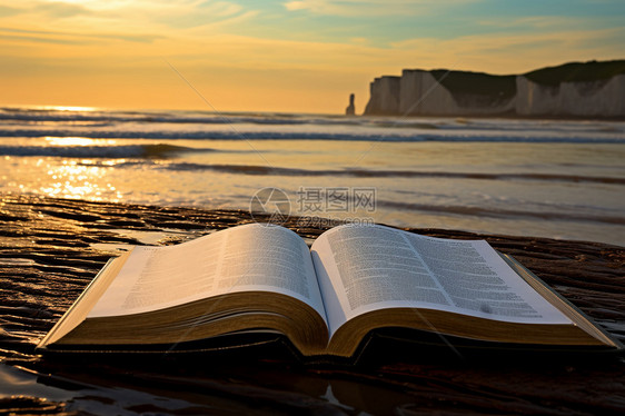 海滩上翻开的书籍图片