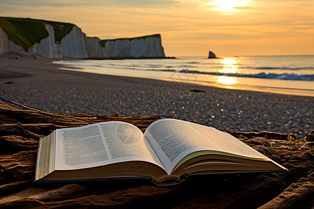 清晨海滩上翻开的书籍图片