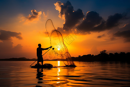 日落时船只上的渔民图片