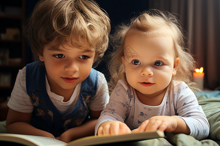 两个孩子躺在床上一起读书图片