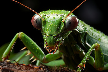 螳螂在绿叶上休憩图片