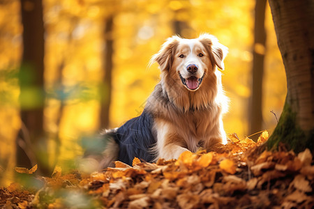 树林中一只狗坐在落叶间图片
