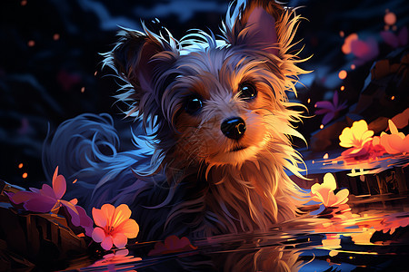照片标题：犬在水中，花朵环绕中。图片