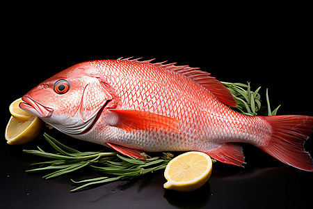 一条红色的鱼和柠檬片图片